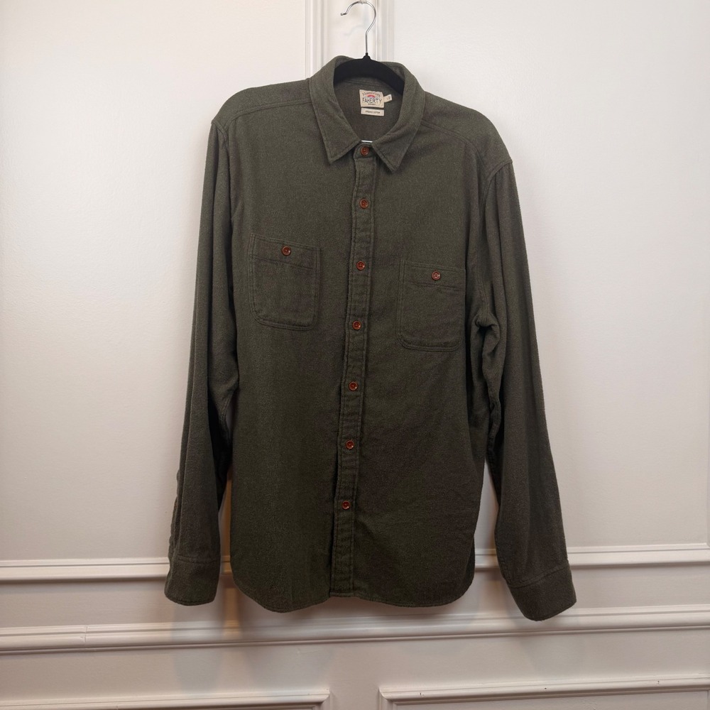 Faherty Brand Mens Movement Flannel Organic Cotton Shirt Olive Green L